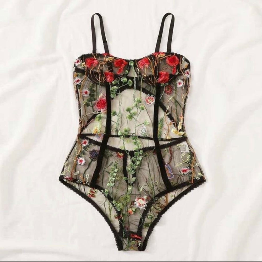 Floral embroidered black lace mesh sexy bodysuit lingerie teddy, multi sizes NWT